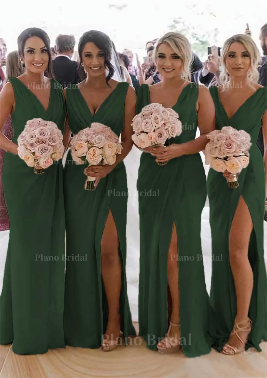 Sheath Column Cowl Neck Sleeveless Chiffon Bridesmaid Dresses With Pleated Split