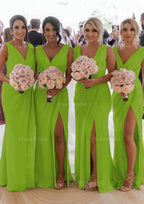 Sheath Column Cowl Neck Sleeveless Chiffon Bridesmaid Dresses With Pleated Split