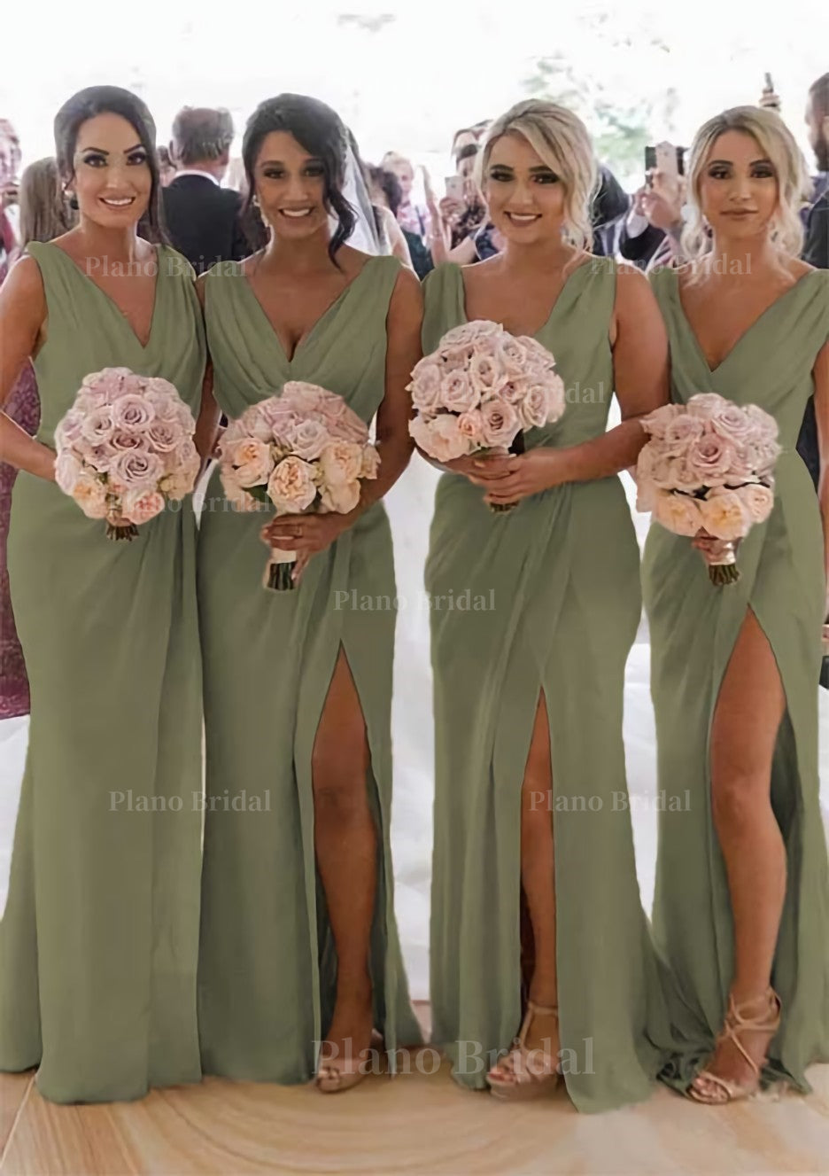 Sheath Column Cowl Neck Sleeveless Chiffon Bridesmaid Dresses With Pleated Split