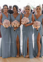 Sheath Column Cowl Neck Sleeveless Chiffon Bridesmaid Dresses With Pleated Split