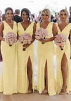 Sheath Column Cowl Neck Sleeveless Chiffon Bridesmaid Dresses With Pleated Split