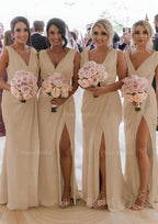 Sheath Column Cowl Neck Sleeveless Chiffon Bridesmaid Dresses With Pleated Split