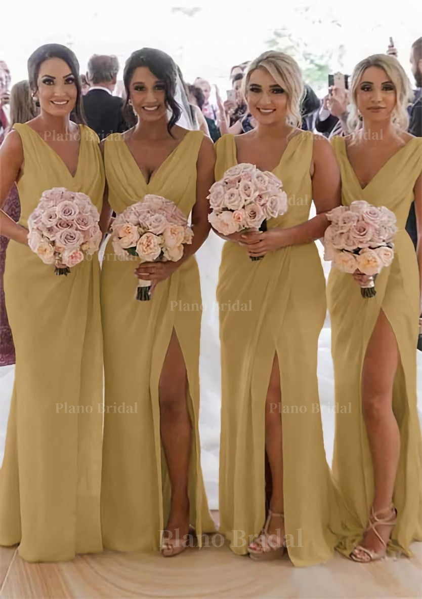 Sheath Column Cowl Neck Sleeveless Chiffon Bridesmaid Dresses With Pleated Split