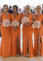 Sheath Column Cowl Neck Sleeveless Chiffon Bridesmaid Dresses With Pleated Split