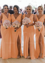 Sheath Column Cowl Neck Sleeveless Chiffon Bridesmaid Dresses With Pleated Split