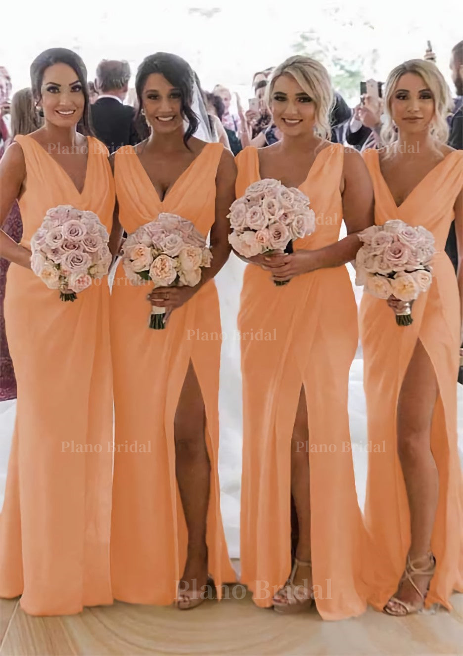 Sheath Column Cowl Neck Sleeveless Chiffon Bridesmaid Dresses With Pleated Split