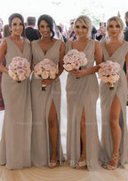 Sheath Column Cowl Neck Sleeveless Chiffon Bridesmaid Dresses With Pleated Split