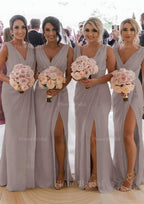Sheath Column Cowl Neck Sleeveless Chiffon Bridesmaid Dresses With Pleated Split