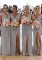Sheath Column Cowl Neck Sleeveless Chiffon Bridesmaid Dresses With Pleated Split