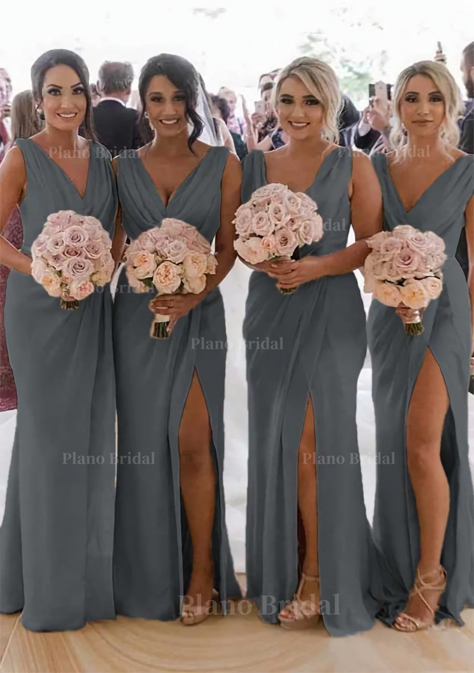 Sheath Column Cowl Neck Sleeveless Chiffon Bridesmaid Dresses With Pleated Split