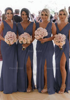 Sheath Column Cowl Neck Sleeveless Chiffon Bridesmaid Dresses With Pleated Split