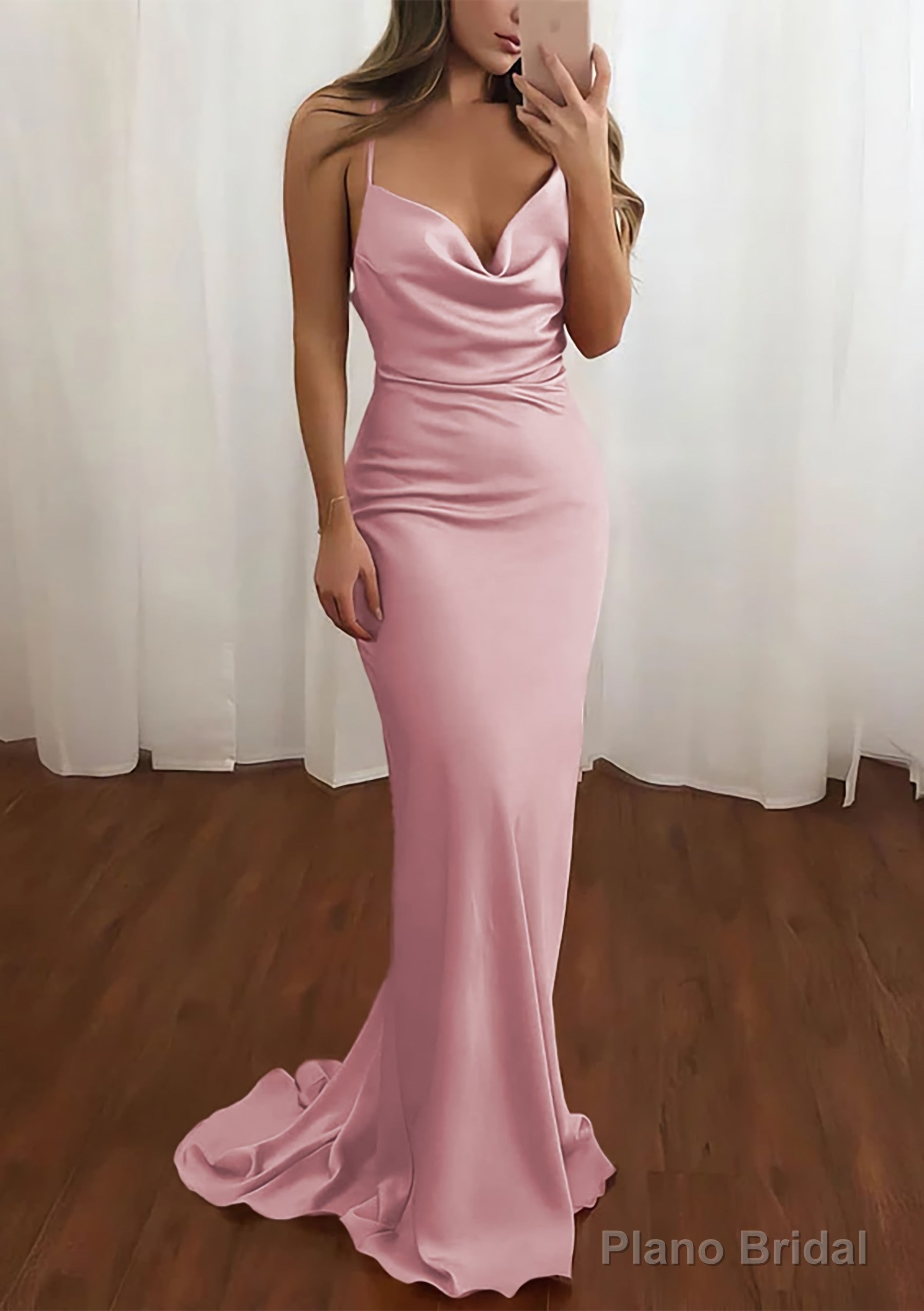 Sheath/Column Cowl Neck Spaghetti Straps Sweep Train Satin Prom Dresses Main image