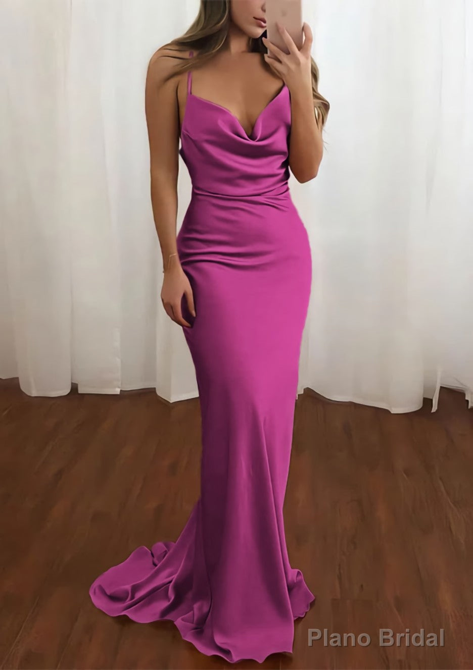 Sheath/Column Cowl Neck Spaghetti Straps Sweep Train Satin Prom Dresses
