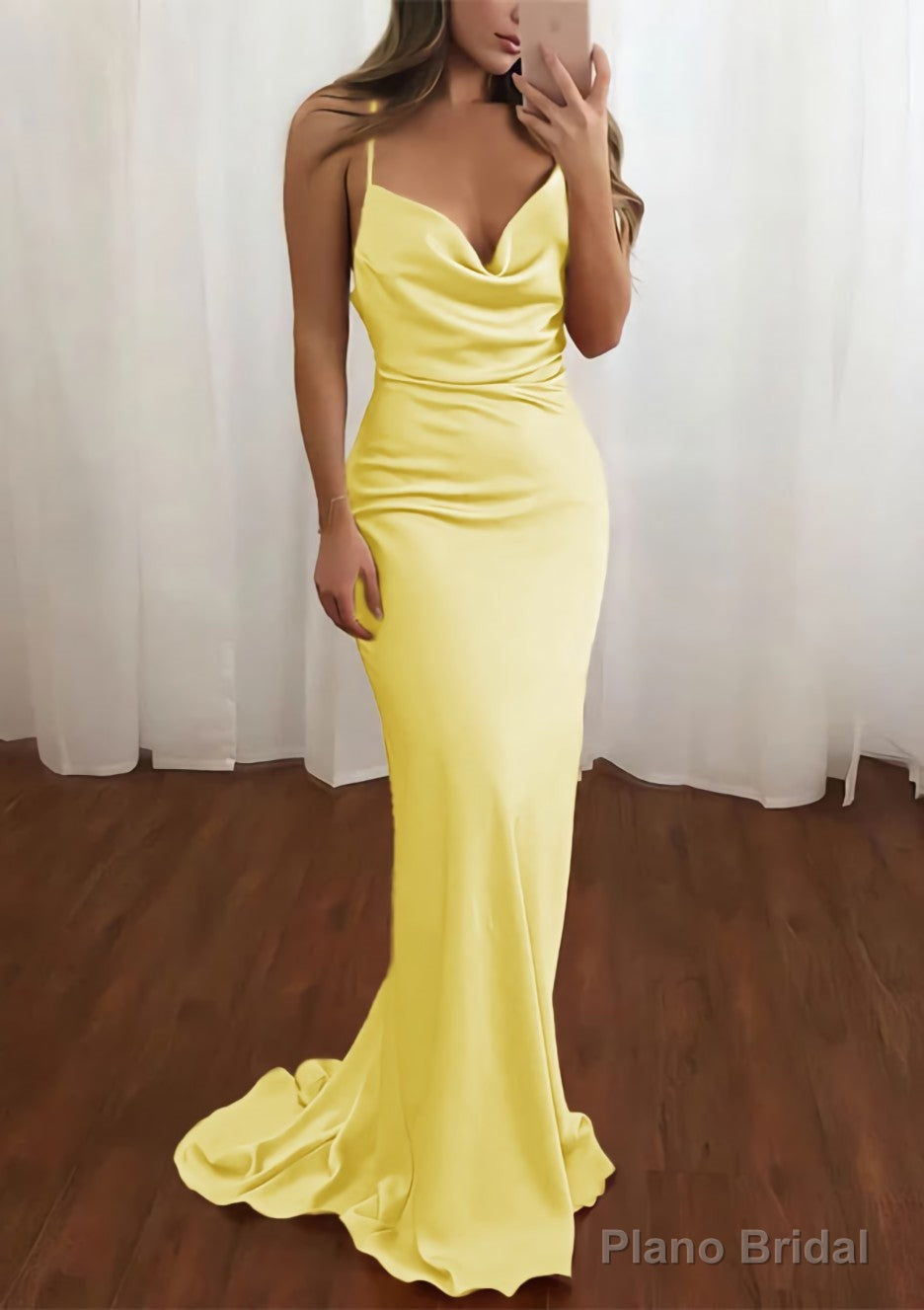 Sheath/Column Cowl Neck Spaghetti Straps Sweep Train Satin Prom Dresses