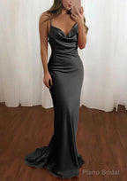 Sheath/Column Cowl Neck Spaghetti Straps Sweep Train Satin Prom Dresses