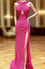 Sheath/Column Halter Sleeveless Court Train Velvet Sequins Formal Prom Dresses With Split