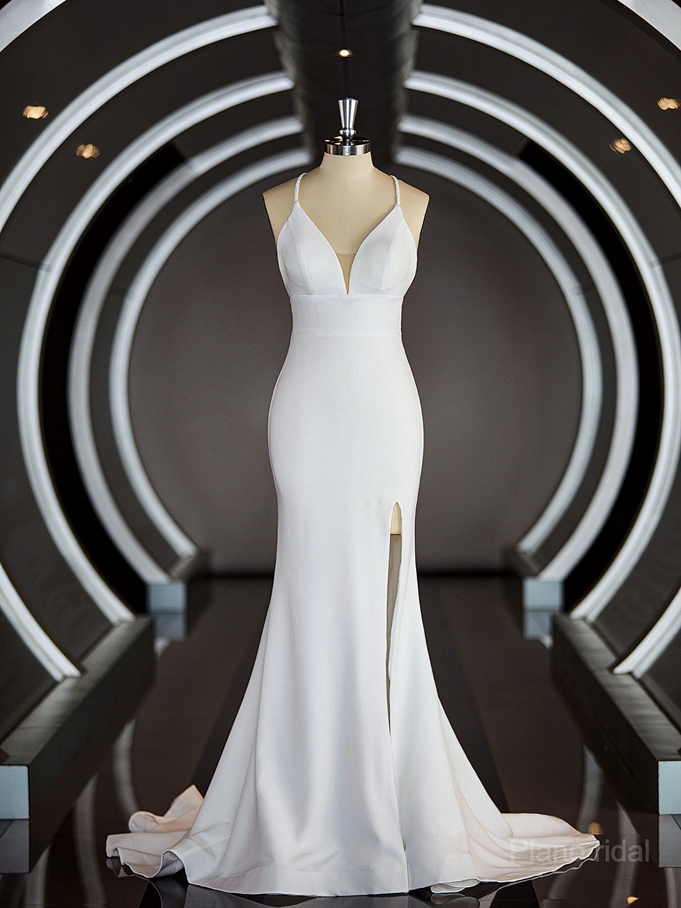 Sheath/Column Halter Sweep Train Stretch Crepe Wedding Dresses with Leg Slit Main image