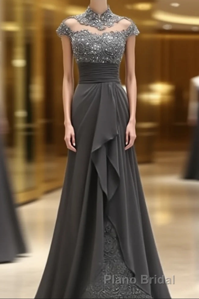 Sheath/Column High Neck Sweep Train Chiffon Mother of the Bride Dresses With Lace Main image