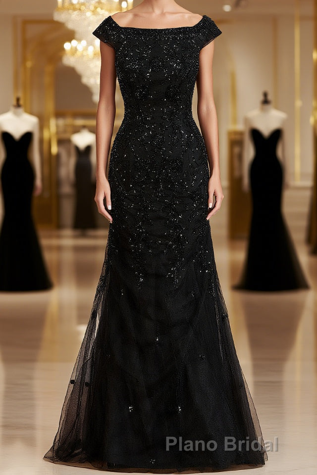 Sheath/Column Off-the-Shoulder Floor-Length Tulle Mother of the Bride Dresses With Beading Main image