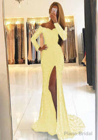 Sheath/Column Off-the-Shoulder Full/Long Sleeve Sweep Train Lace Dresses With Split