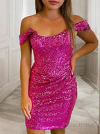 Sheath/Column Off-the-Shoulder Short/Mini Sequins Homecoming Dresses With Ruffles