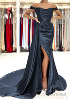 Sheath/Column Off-the-Shoulder Short Sleeve Charmeuse Court Train Prom Dresses With Pleated