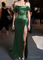 Sheath/Column Off-the-Shoulder Short Sleeve Sweep Train Satin Prom Dresses With Pleated