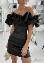 Sheath/Column Off-the-Shoulder Sleeveless Satin Short/Mini Homecoming Dresses With Ruffles