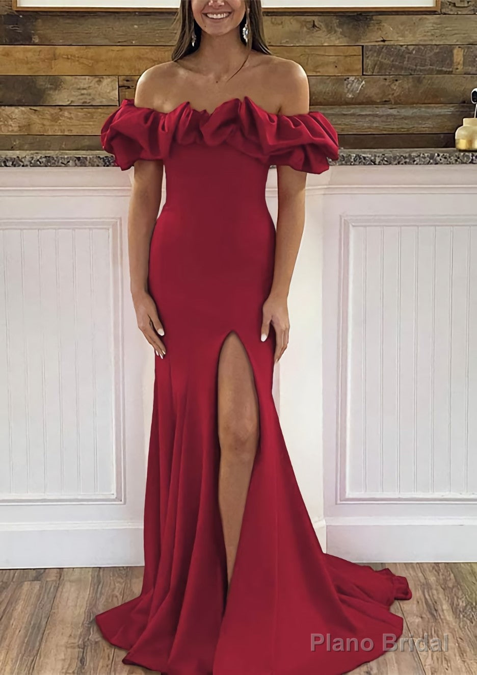 Sheath/Column Off-the-Shoulder Sleeveless Sweep Train Satin Prom Dresses With Ruffles Split