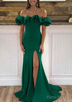 Sheath/Column Off-the-Shoulder Sleeveless Sweep Train Satin Prom Dresses With Ruffles Split