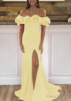 Sheath/Column Off-the-Shoulder Sleeveless Sweep Train Satin Prom Dresses With Ruffles Split