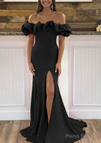 Sheath/Column Off-the-Shoulder Sleeveless Sweep Train Satin Prom Dresses With Ruffles Split