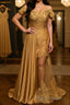 Sheath/Column Off-the-Shoulder Sweep Train Elastic Woven Satin Formal Prom Dresses With Appliques Lace