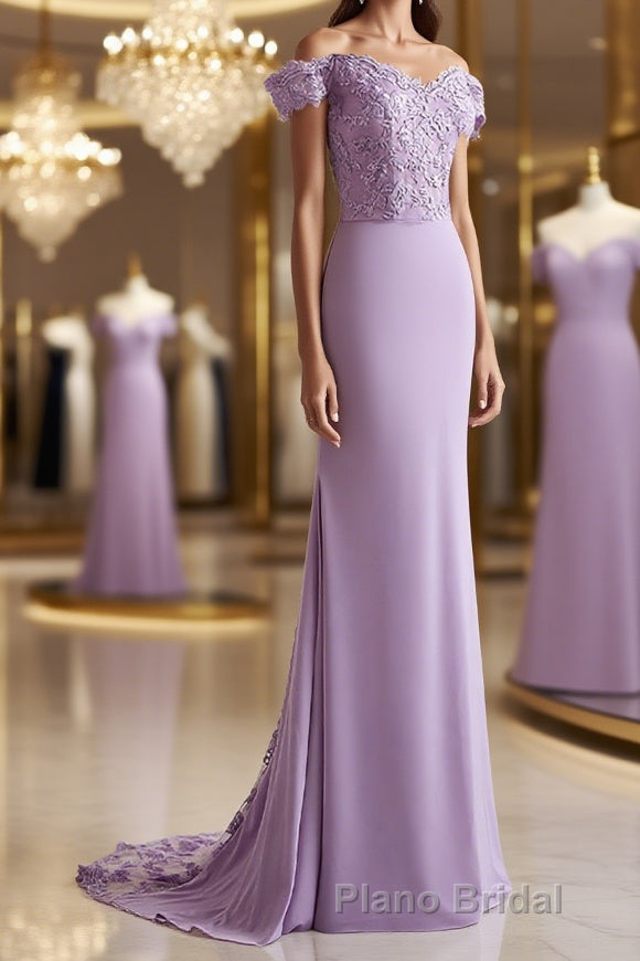Sheath/Column Off-the-Shoulder Sweep Train Jersey Mother of the Bride Dresses With Ruffles Main image
