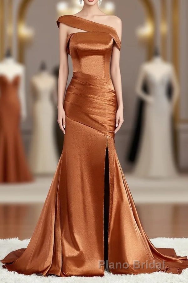Sheath/Column Off-the-Shoulder Sweep Train Silk like Satin Bridesmaid Dresses with Leg Slit Main image