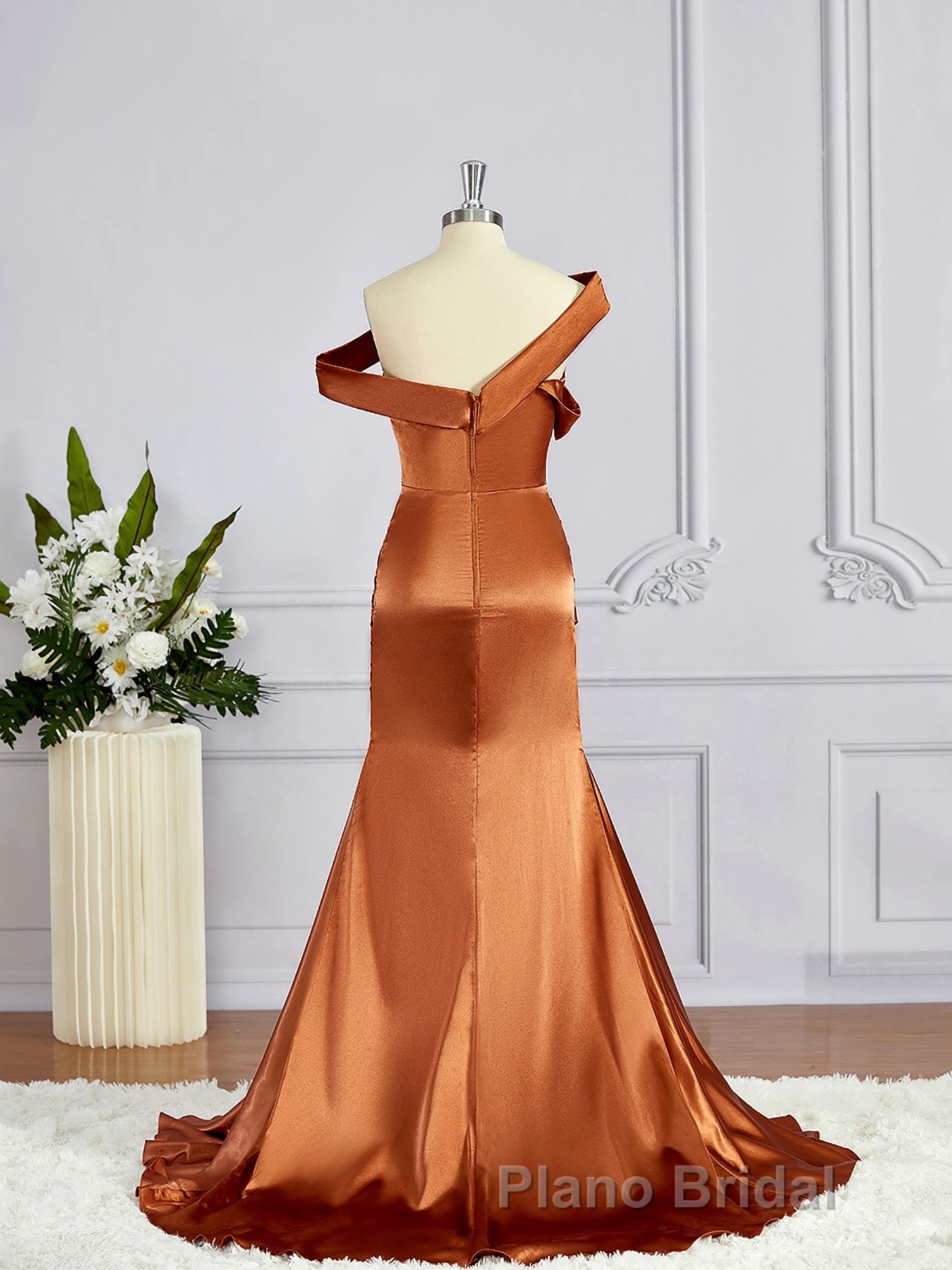 Sheath/Column Off-the-Shoulder Sweep Train Silk like Satin Bridesmaid Dresses with Leg Slit