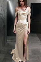 Sheath Off-the-Shoulder Sweep Train Silk like Satin Prom Dresses With Leg Slit