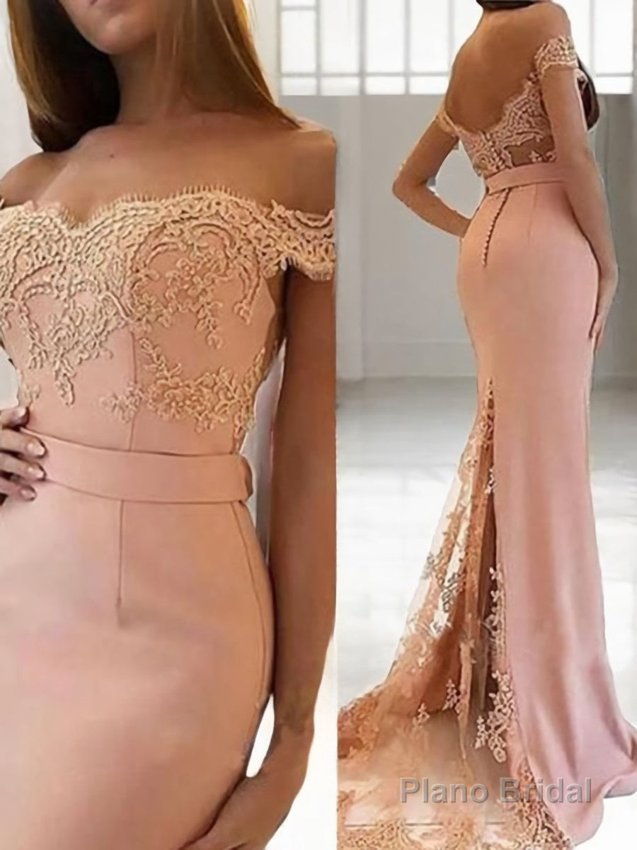 Sheath/Column Off-the-Shoulder Sweep Train Stretch Crepe Evening Dresses With Appliques Lace Main image