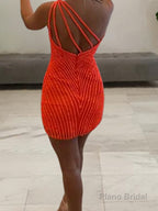 Sheath/Column One-Shoulder Short/Mini Tulle Homecoming Dresses With Ruffles
