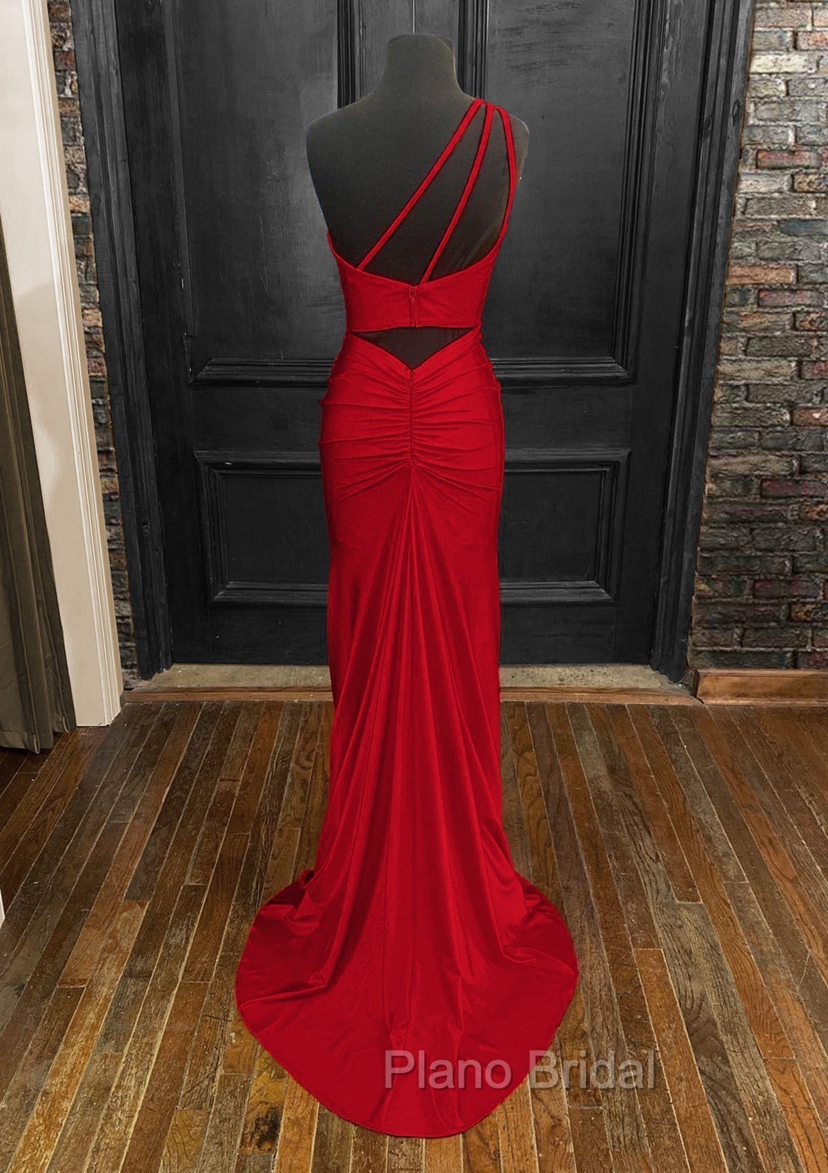 Sheath/Column One-Shoulder Sleeveless Jersey Long/Floor-Length Red Formal Prom Dresses With Pleated Split Secondary image