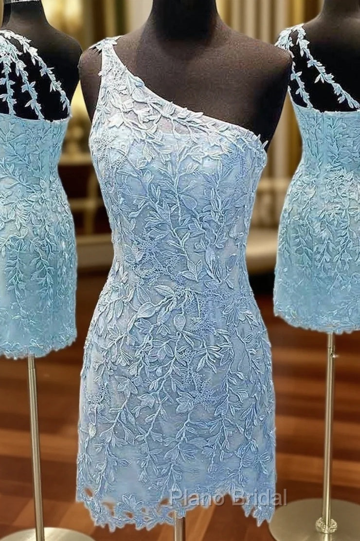 Sheath/Column One-Shoulder Sleeveless Short/Mini Lace Homecoming Dresses with Beading Main image