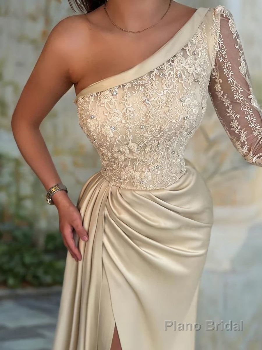 Sheath/Column One-Shoulder Sweep Train Elastic Woven Satin Prom Dresses With Leg Slit Secondary image