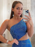 Sheath/Column One-Shoulder Sweep Train Jersey Prom Dresses With Leg Slit