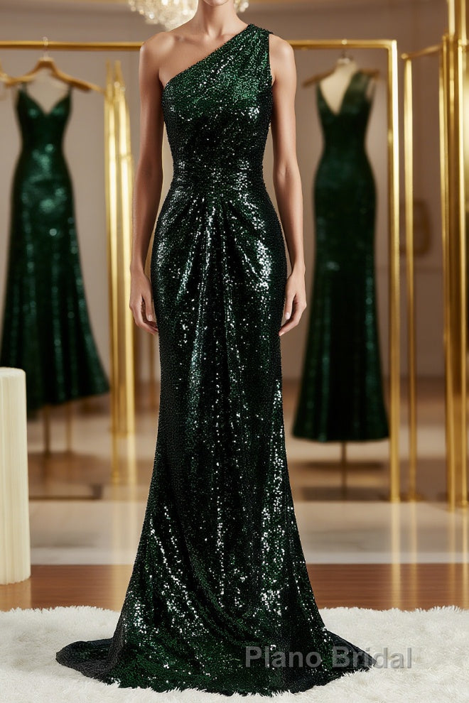 Sheath/Column One-Shoulder Sweep Train Sequins Bridesmaid Dresses Main image