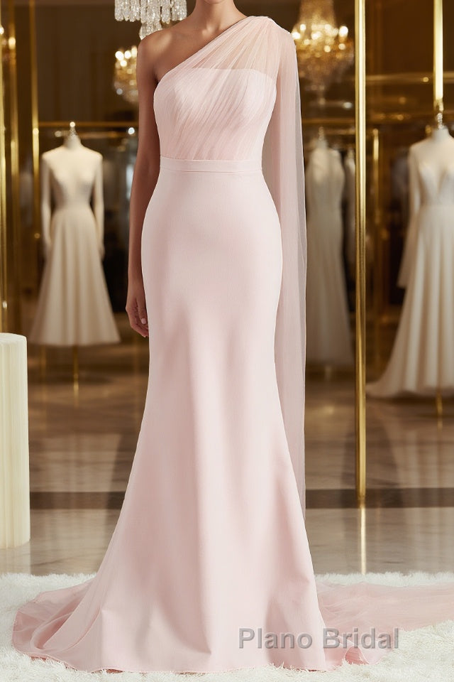 Sheath/Column One-Shoulder Sweep Train Stretch Crepe Bridesmaid Dresses Main image