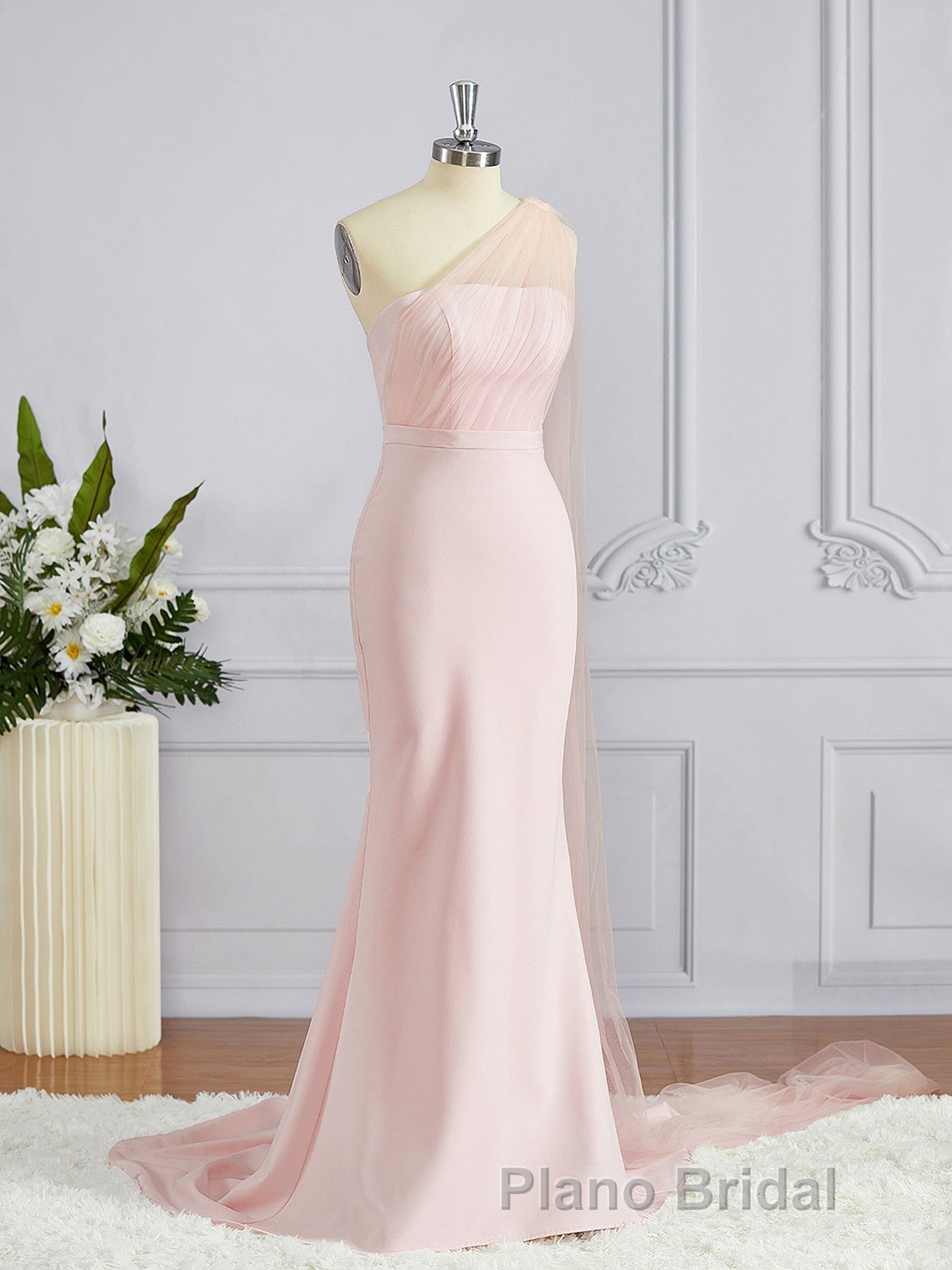 Sheath/Column One-Shoulder Sweep Train Stretch Crepe Bridesmaid Dresses
