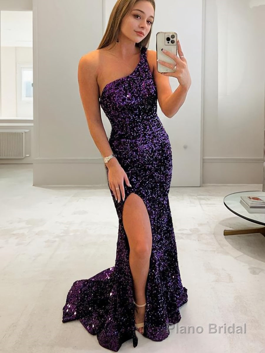 Sheath/Column One-Shoulder Sweep Train Velvet Sequins Evening Dresses With Leg Slit Main image