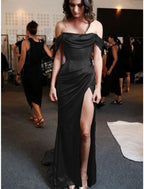 Sheath Column Formal Prom Dresses Minimalist Dresses Formal Evening Party Sweep Brush Train Sleeveless Strapless Charmeuse With Pleats Ruched Slit