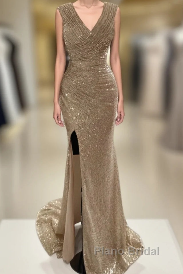 Sheath / Column Formal Prom Dresses Sparkle & Shine Dresses Cocktail Party Sweep / Brush Train Sleeveless V Neck Sequined With Glitter Ruched Slit