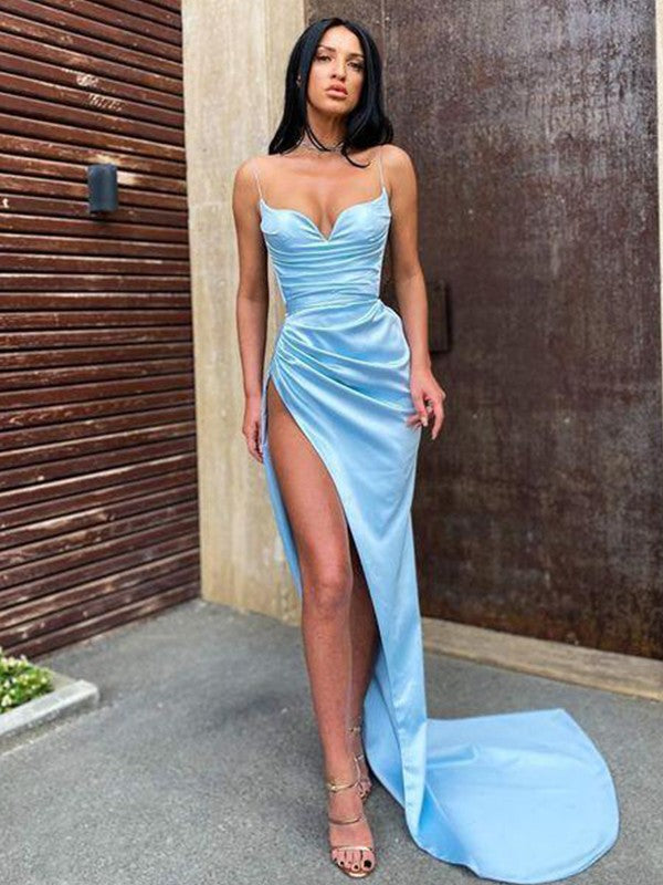 Sheath/Column Satin Spaghetti Straps Sleeveless Ruched Sweep/Brush Train Formal Prom Dresses Main image